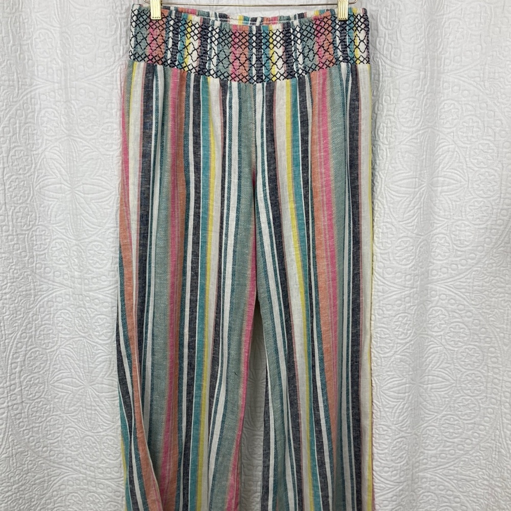 Rocks & Indigo Colorful Striped Wide-Leg Palazzo Pants sz Large Linen Blend